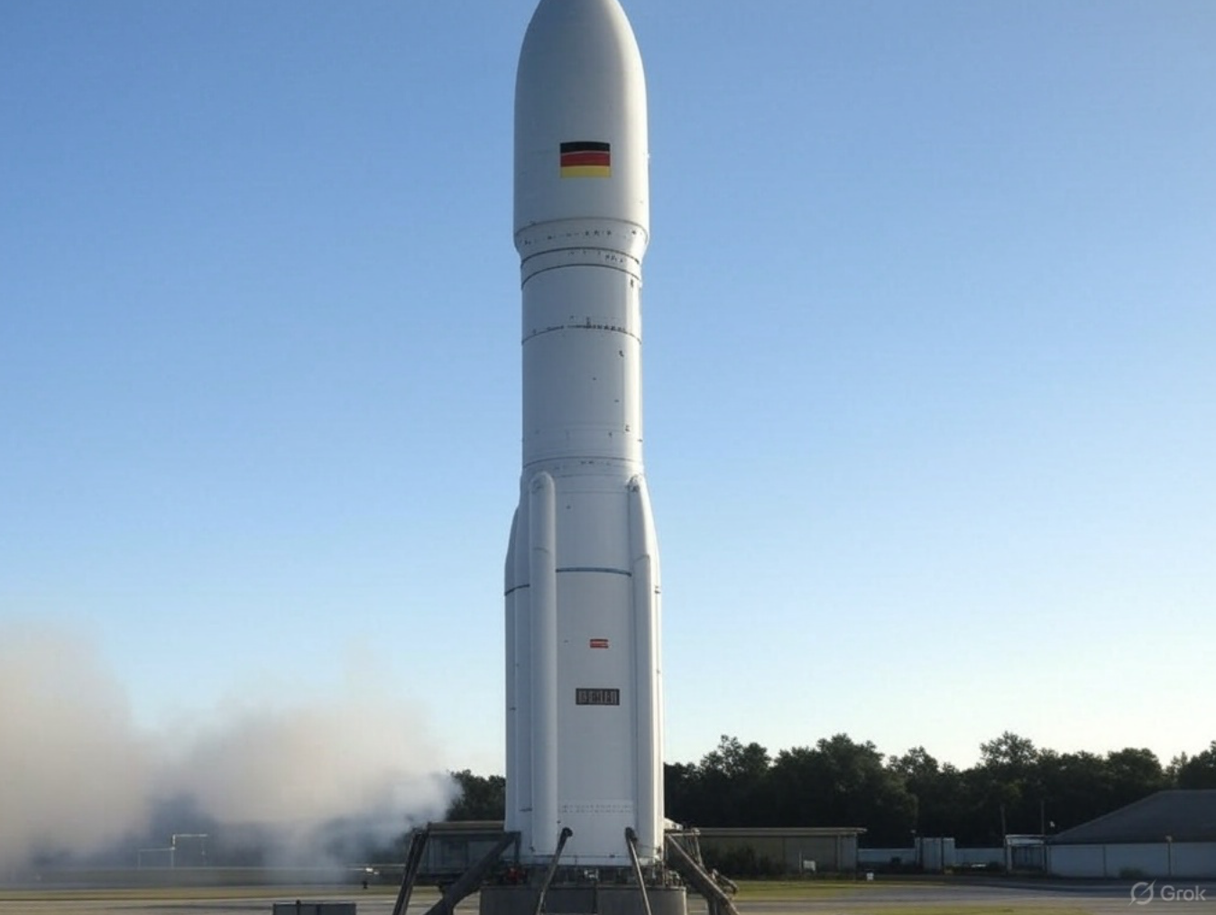 Startendes Raumschiff, weiß mit Deutschlandfahne, vor wolkenlosem Himmel, KI-generiert.