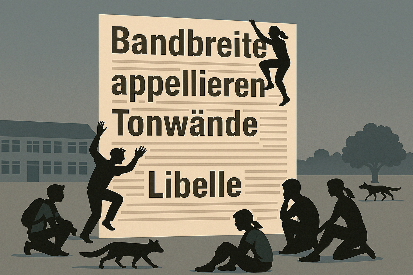 Illustration einer Wand, darauf stehen Wörter, um die Wand herum Schattenrisse von Schülern und zwei Füchsen.