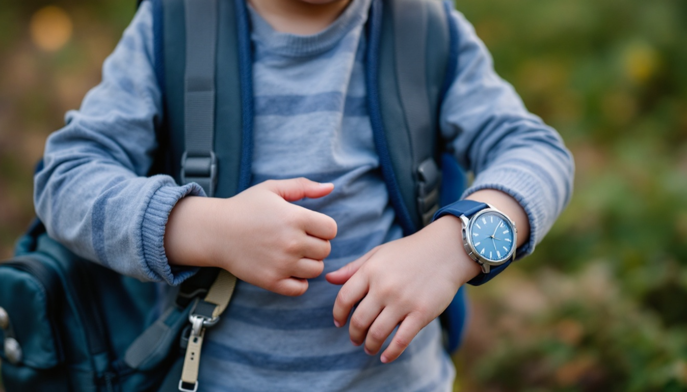 Schulkind mit Rucksack und Armbanduhr.