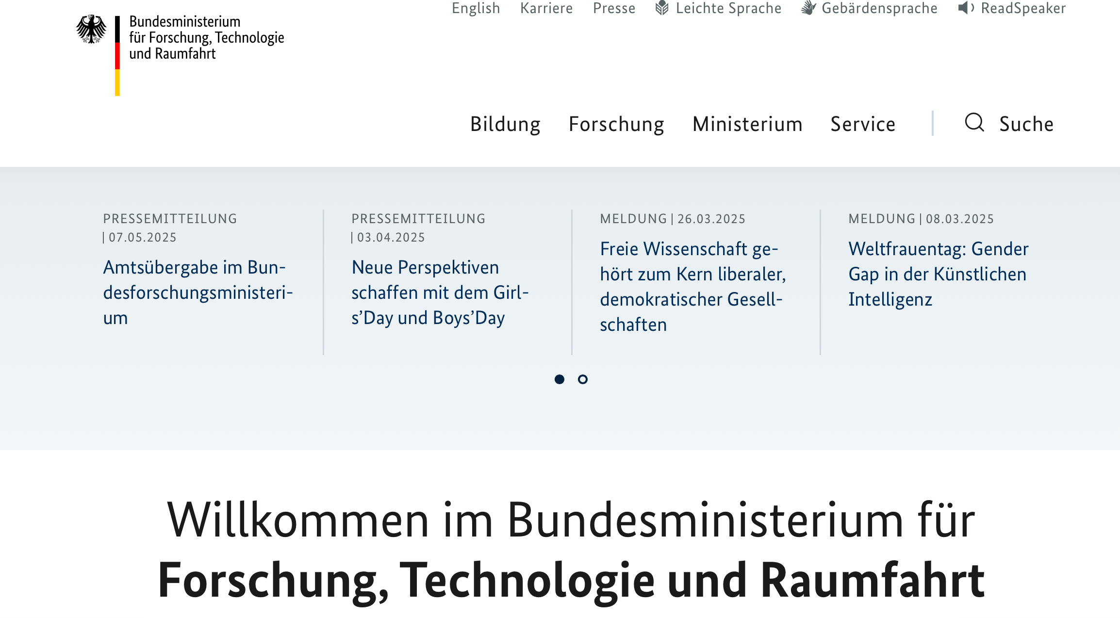 Screenshot der Startseite des Bundesministeriums für Forschung, Technologie und Raumfahrt