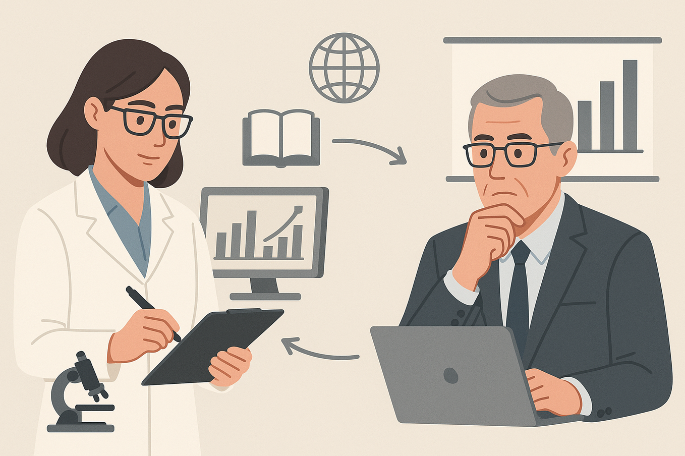 Illustration einer Wissenschaftlerin mit Klemmbrett und eines Mannes im Anzug am Laptop