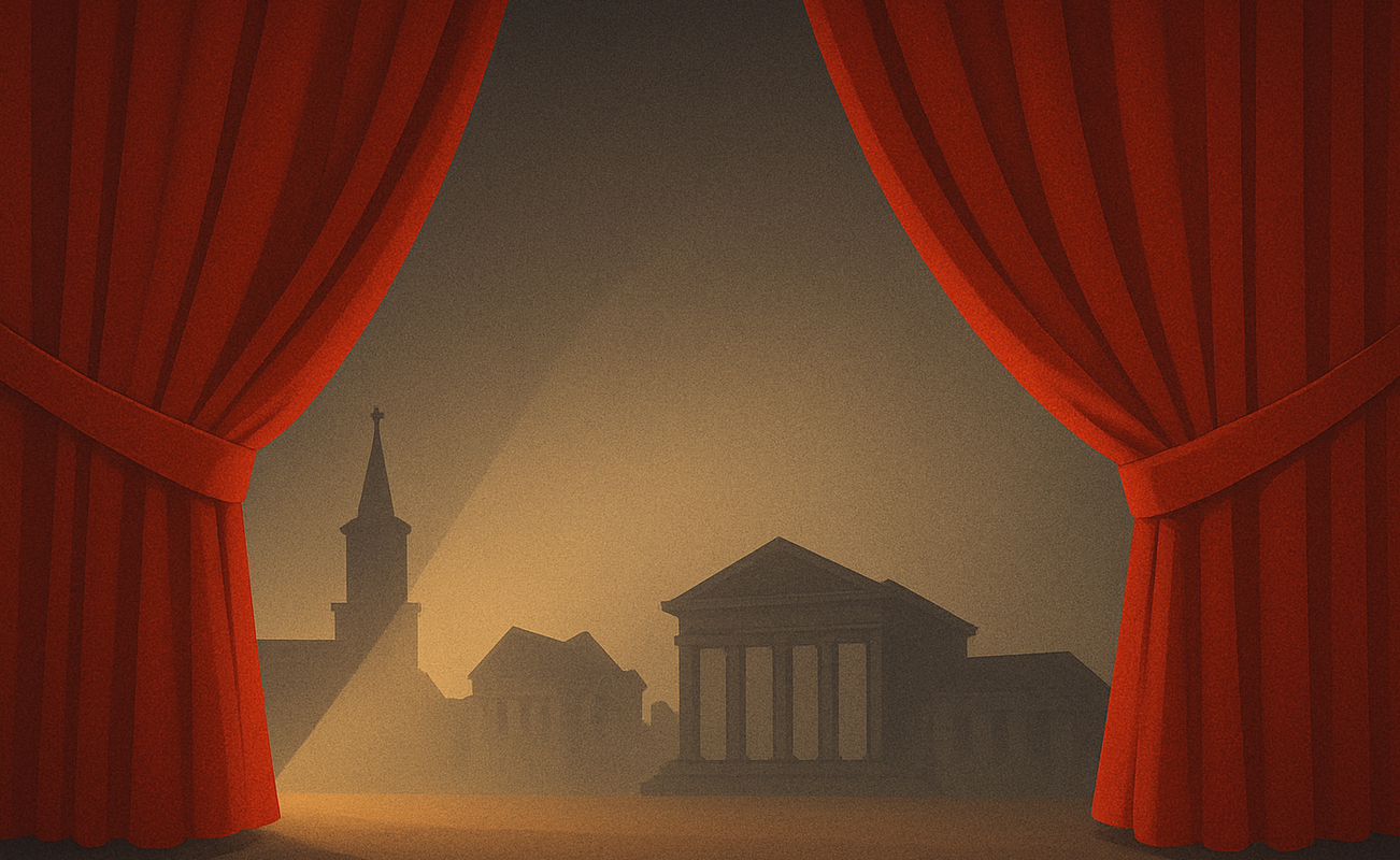 Illustration eines Bühnenbildes, vorn roter Vorhang, geöffnet, dahinter eine Kulisse von Gebäuden mit Wissenschaftsbezug im Morgengrauen