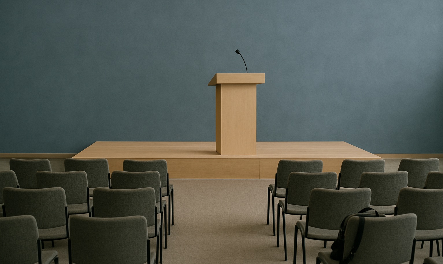 Ein leerer Raum mit Kinobestuhlung, Bühne und Rednerpult. 