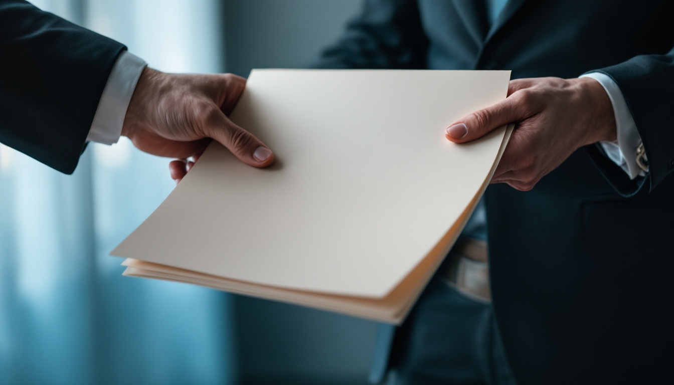 Eine dünne Papierakte wird von einer Hand an die andere übergeben.