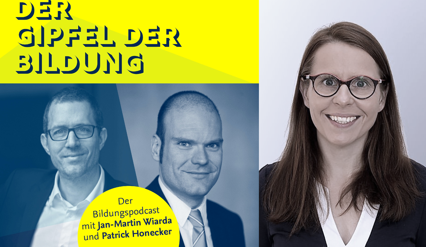 Collage aus Cover des Podcasts "Gipfel der Bildung mit Jan-Martin Wiarda und Patrick Honecker" und einem Porträtfoto der Gesprächspartnerin Anke Langner.
