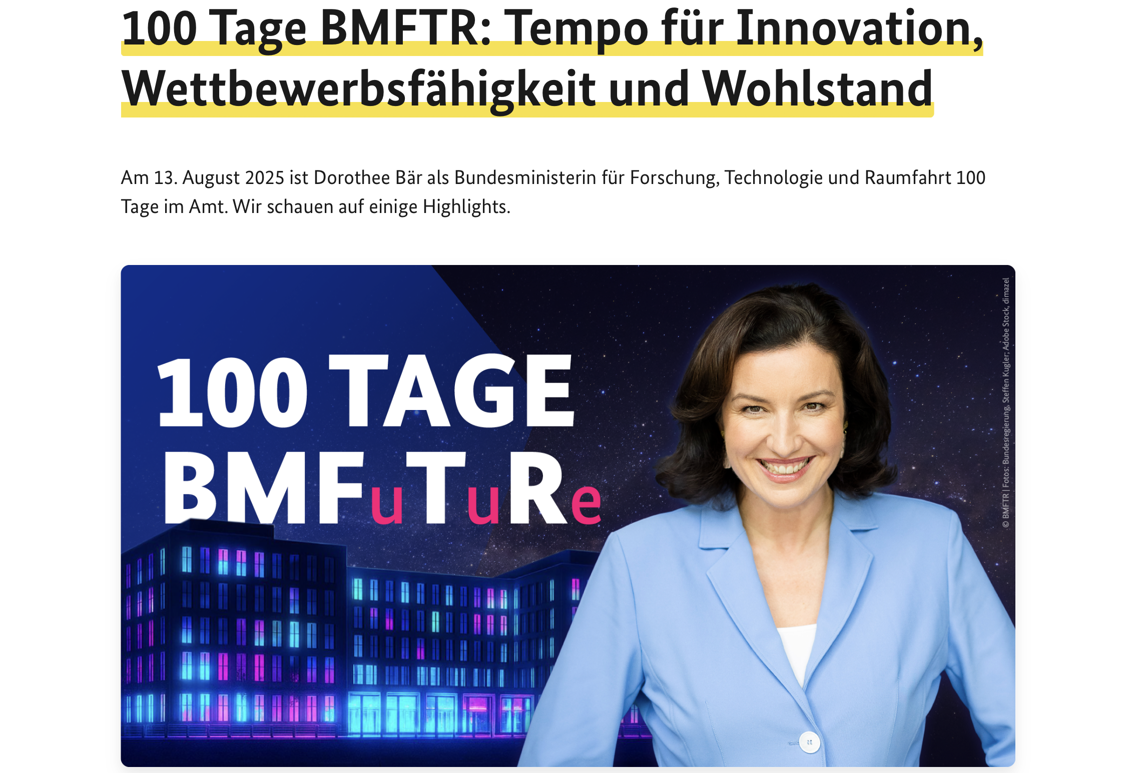 Screenshot der BMFTR-Website zu "100 Tagen BMFuTuRe"