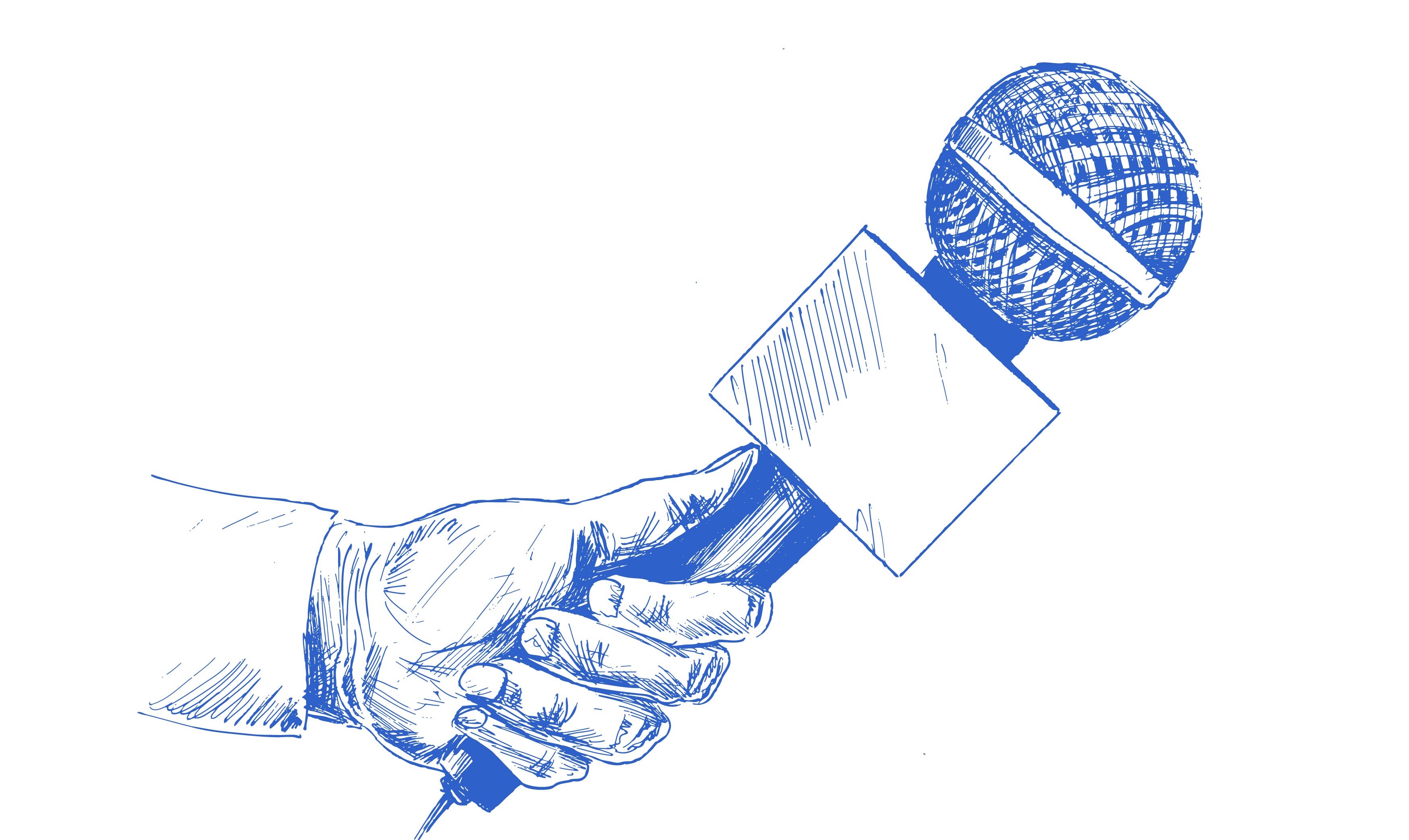 Gezeichnete Skizze einer Hand, die ein Pressemikrofon haelt.