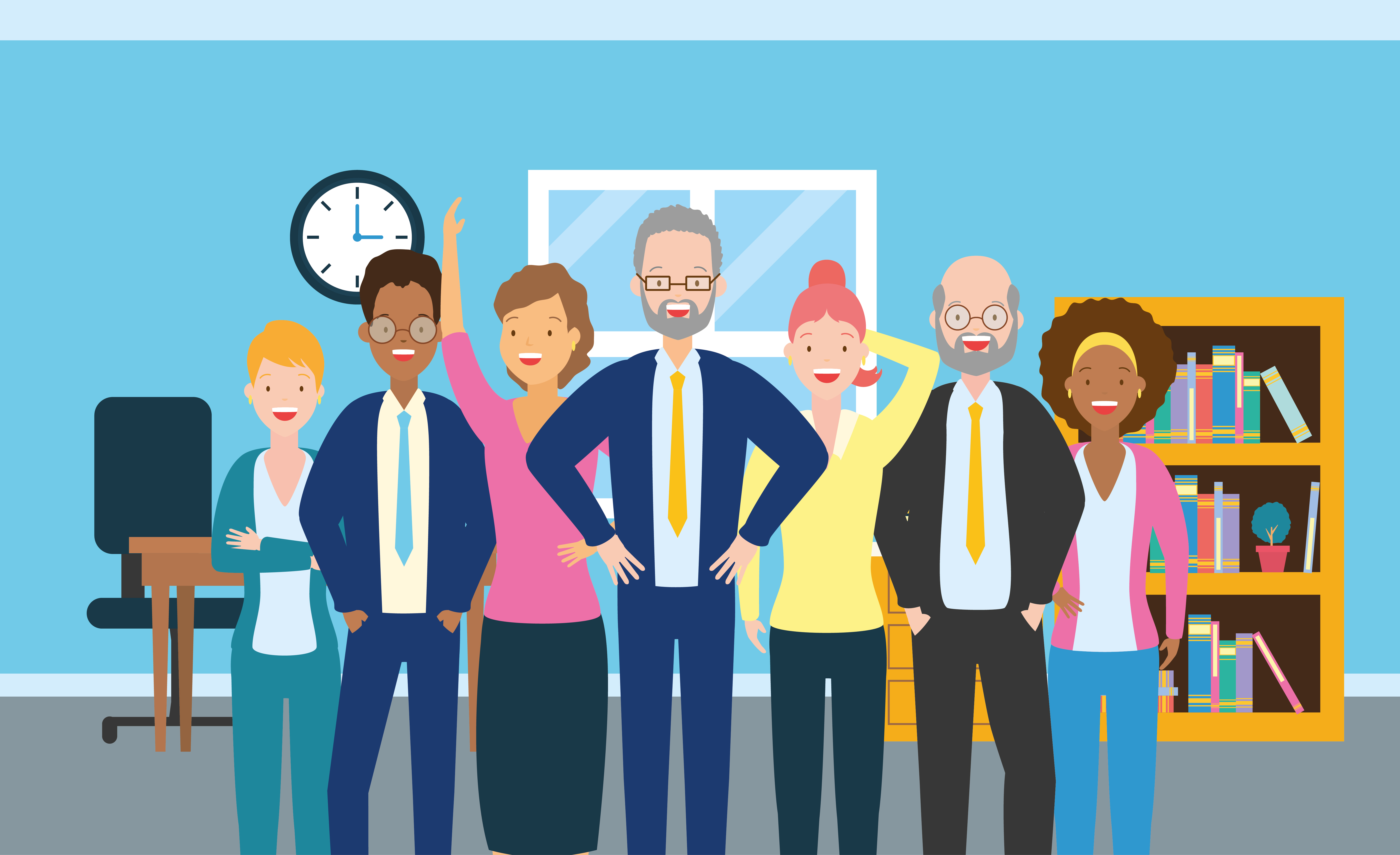 Vektorgrafik einer diversen Gruppe von Lehrerinnen und Lehrer in einem Klassenraum.