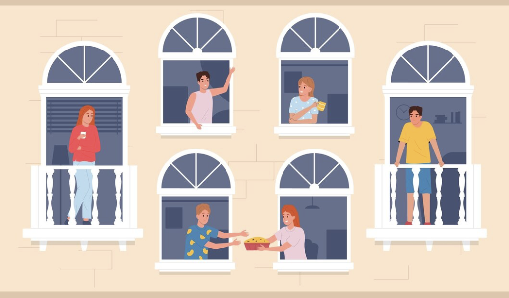 Illustration Hausfassade mit sechs Menschen, die durch sechs Fenster miteinander kommunizieren.