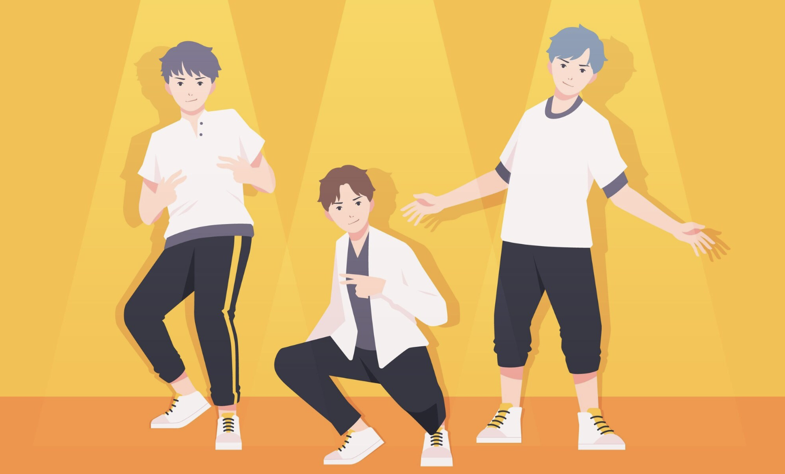 Illustration drei Jungs, die eine Musikperformance abliefern vor gelbem Hintergrund.