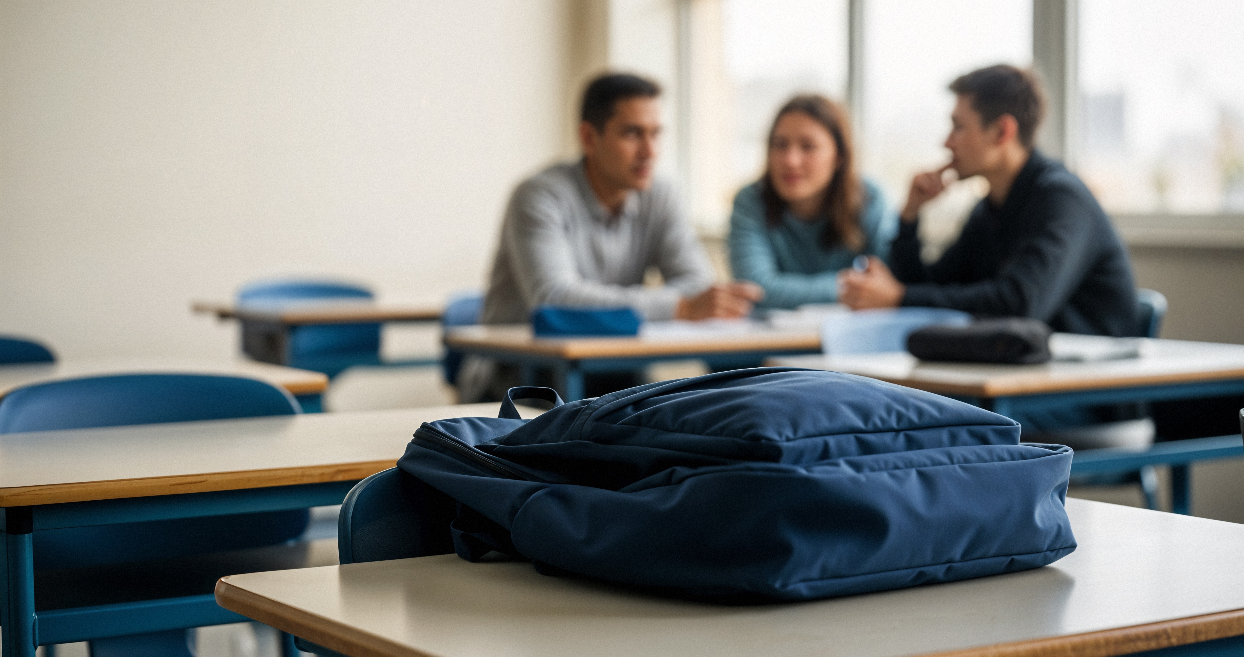 Klassenzimmer mit wenigen Schuelern und einigen freien Plaetzen.