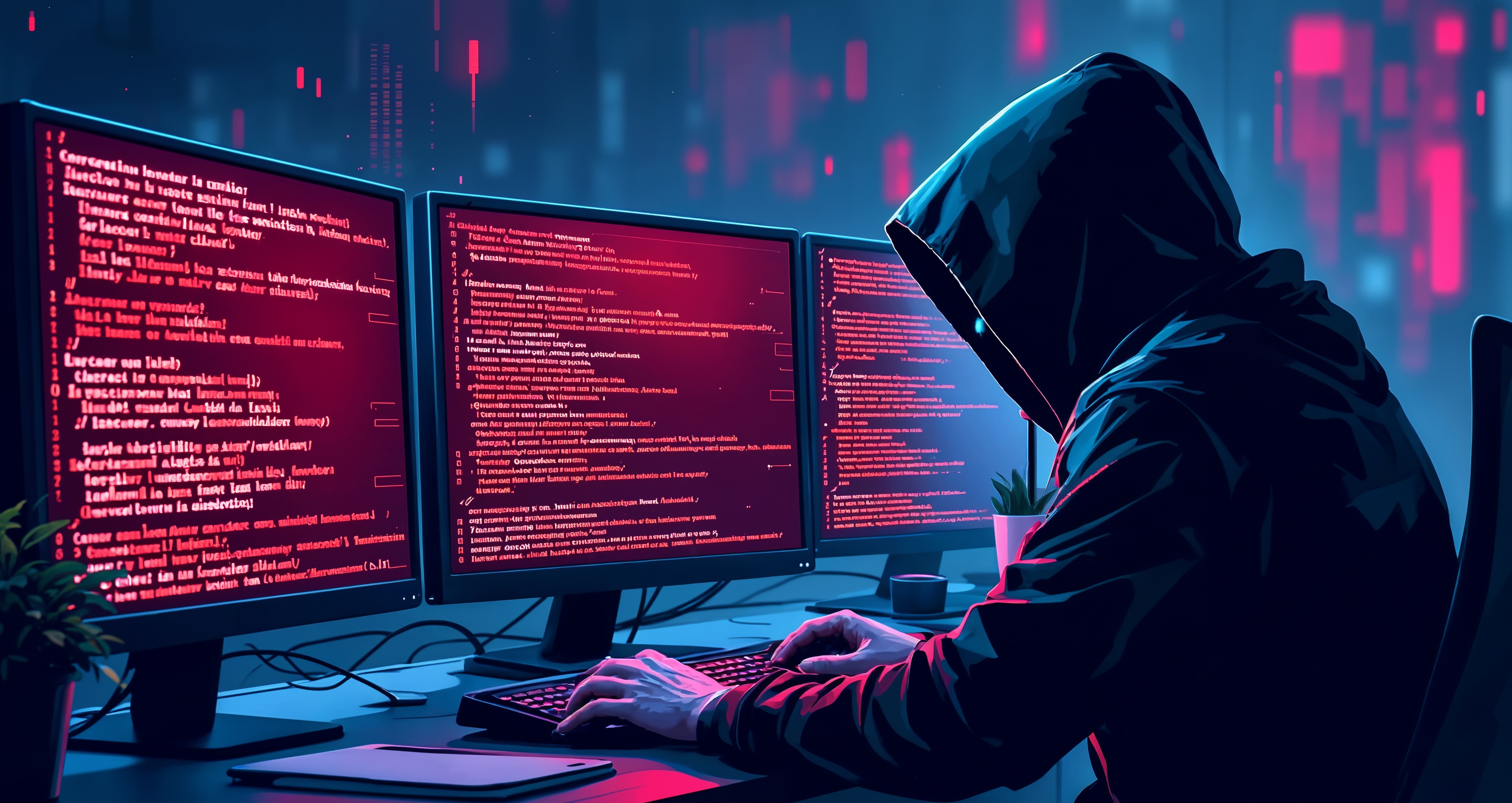 Hacker mit Hoodie vor Bildschirmen mit Code in abgedunkeltem Raum.
