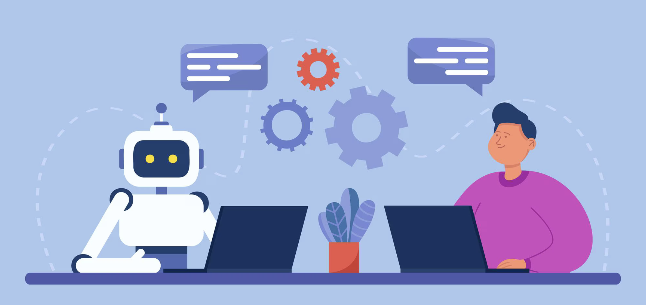 Vektorgrafik zeigt Roboter und Mensch an Schreibtischen mit Laptops bei der Zusammenarbeit.
