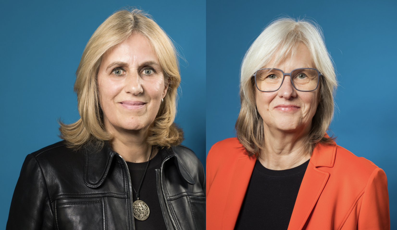 Collage aus Portraitfotos von Felicitas Thiel und Petra Stanat vor blauem Hintergrund.