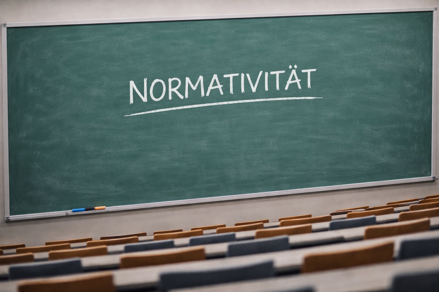 Tafel in Hoersaal, auf der das Wort "Normativitaet" zu lesen ist.