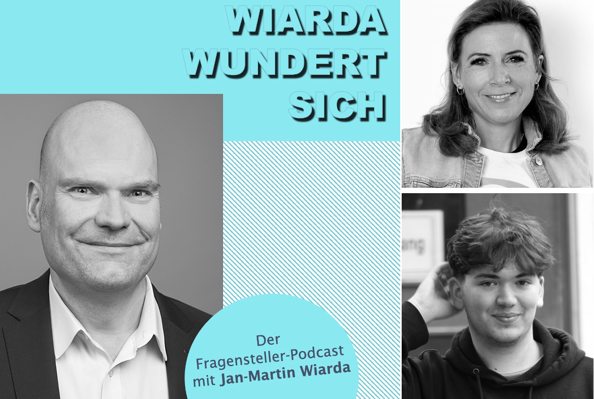 Collage aus dem Cover des Podcasts "Wiarda wundert sich" mit Jan-Martin Wiarda und Portraitfotos der beiden Gespraechspartner Nina Muelhens und Elliot Belmadani.