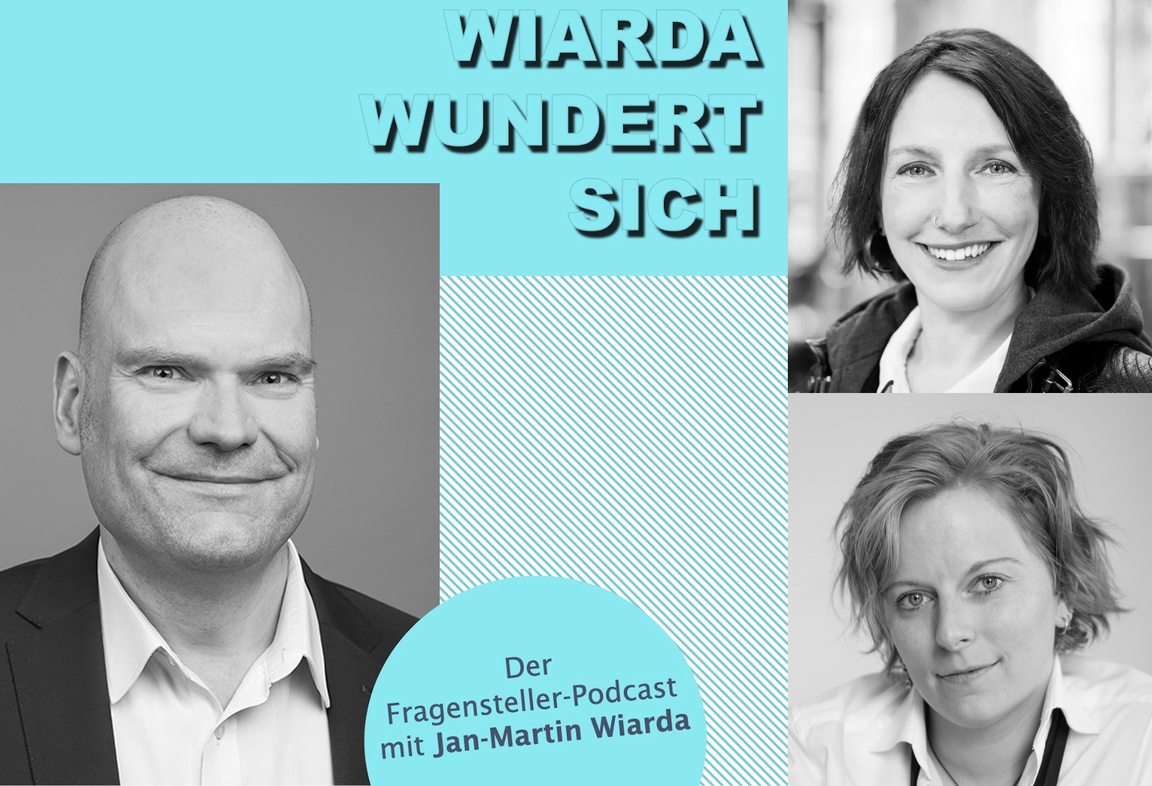 Collage aus dem Cover des "Wiarda wundert sich"-Podcasts und Porträtfotos der beiden Gesprächspartnerinnen Geraldine Rauch und Lisa Niendorf.