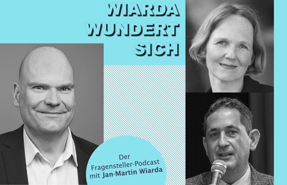 Collage aus dem Cover des "Wiarda wundert sich"-Podcasts und Porträtfotos der beiden Gesprächspartner Anne Sliwka und Albrecht Wacker.