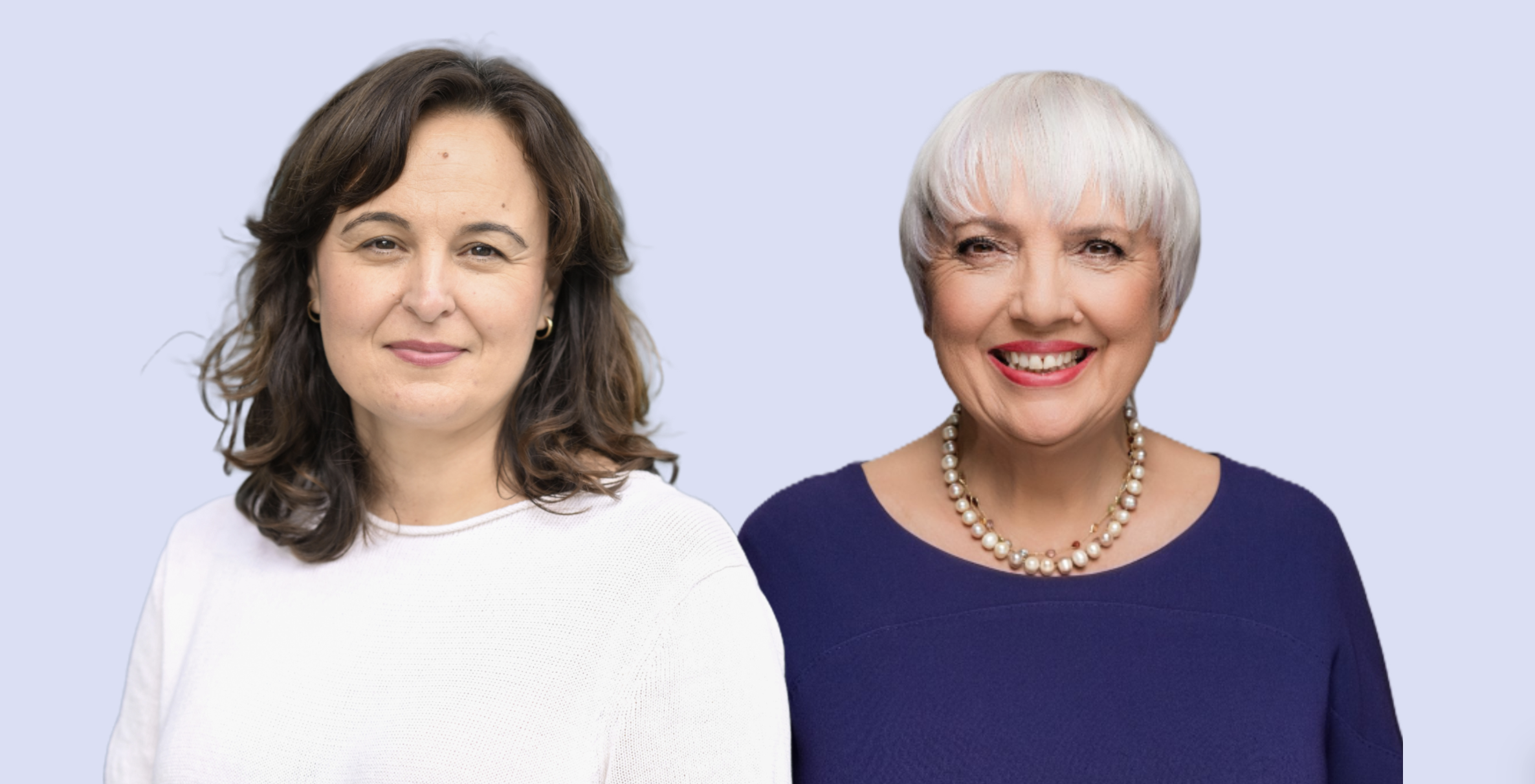 Collage aus Portraitfotos von Ayşe Asar und Claudia Roth vor blassblauem Hintergrund.
