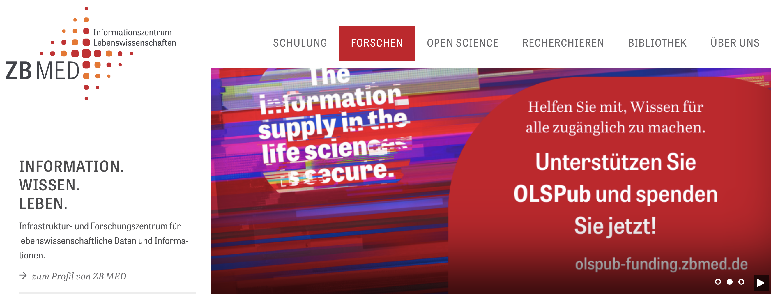 Screenshot der Startseite des Informationszentrums Lebenswissenschaften mit grossem Unterstuetzungsaufruf fuer OLSPub.