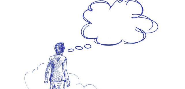 Grobe Skizze eines Businessmannes mit Denkblase.