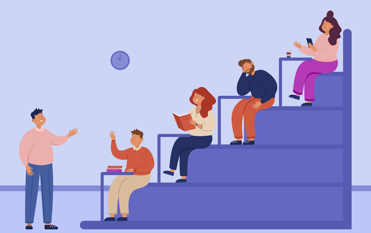 Illustration einer Hoersaalsituation mit Lehrkraft und vier lernenden Personen.