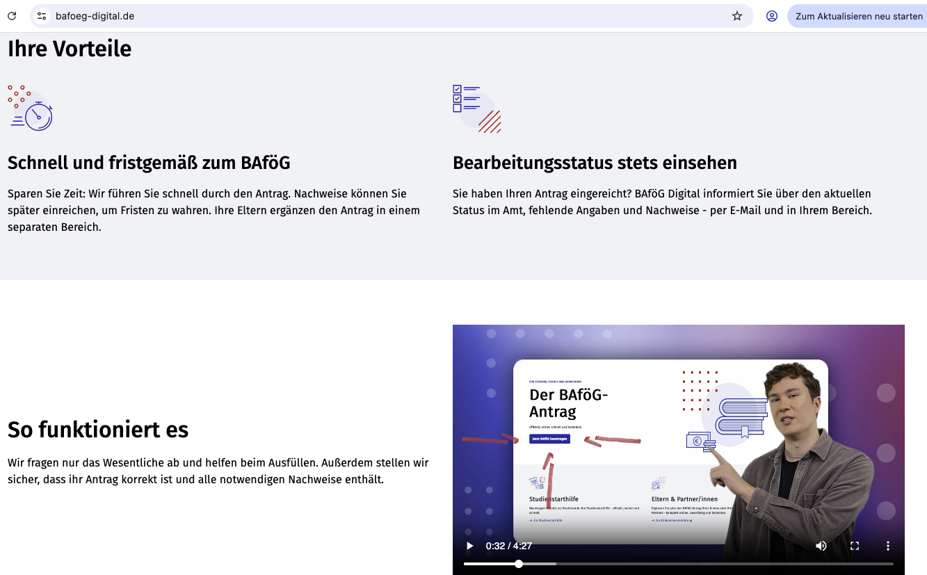 Screenshot Bafög-Seite mit Erklärvideo des BMFTR.