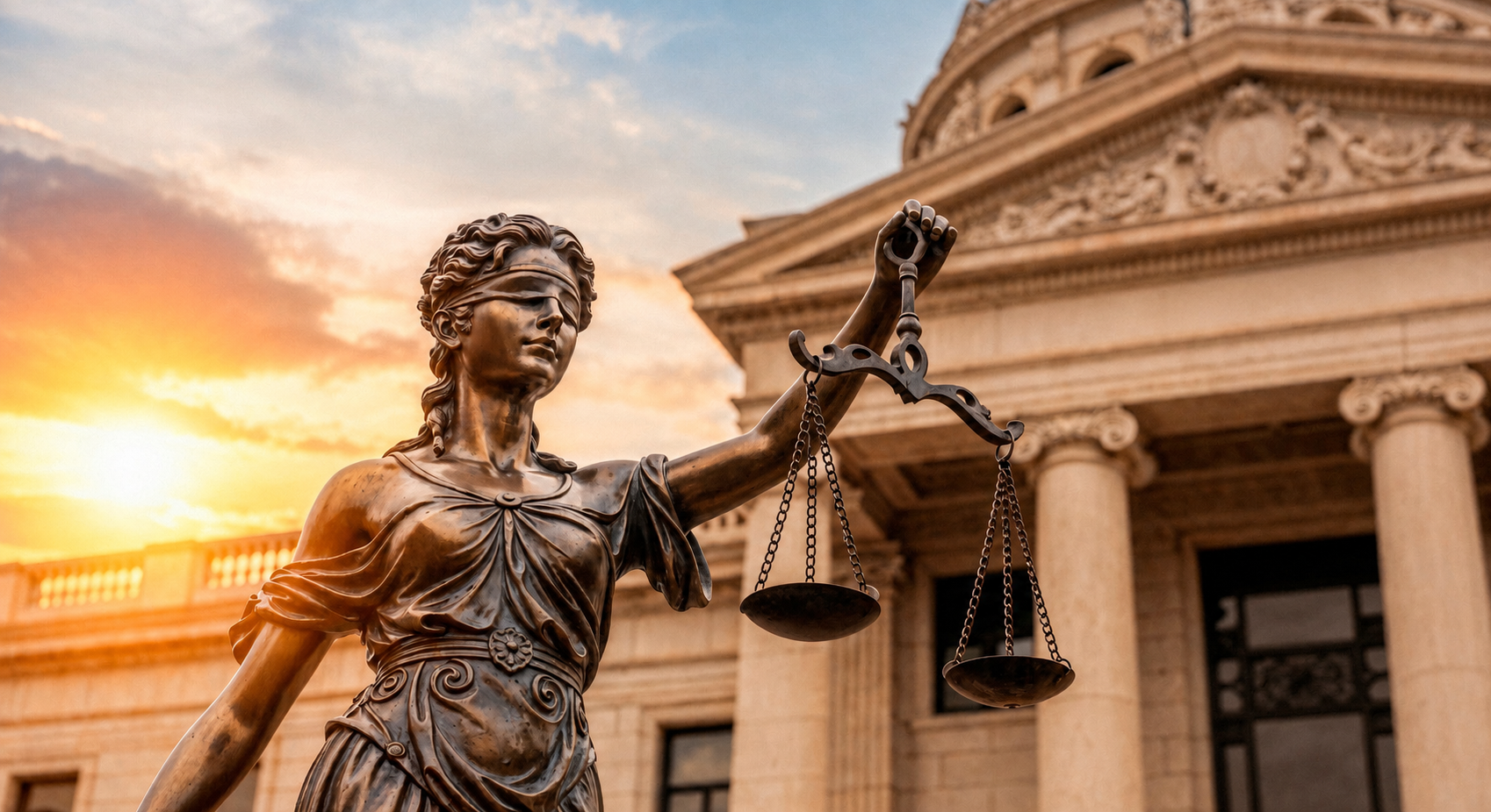 Statue der Justizia vor Gerichtsgebäude.