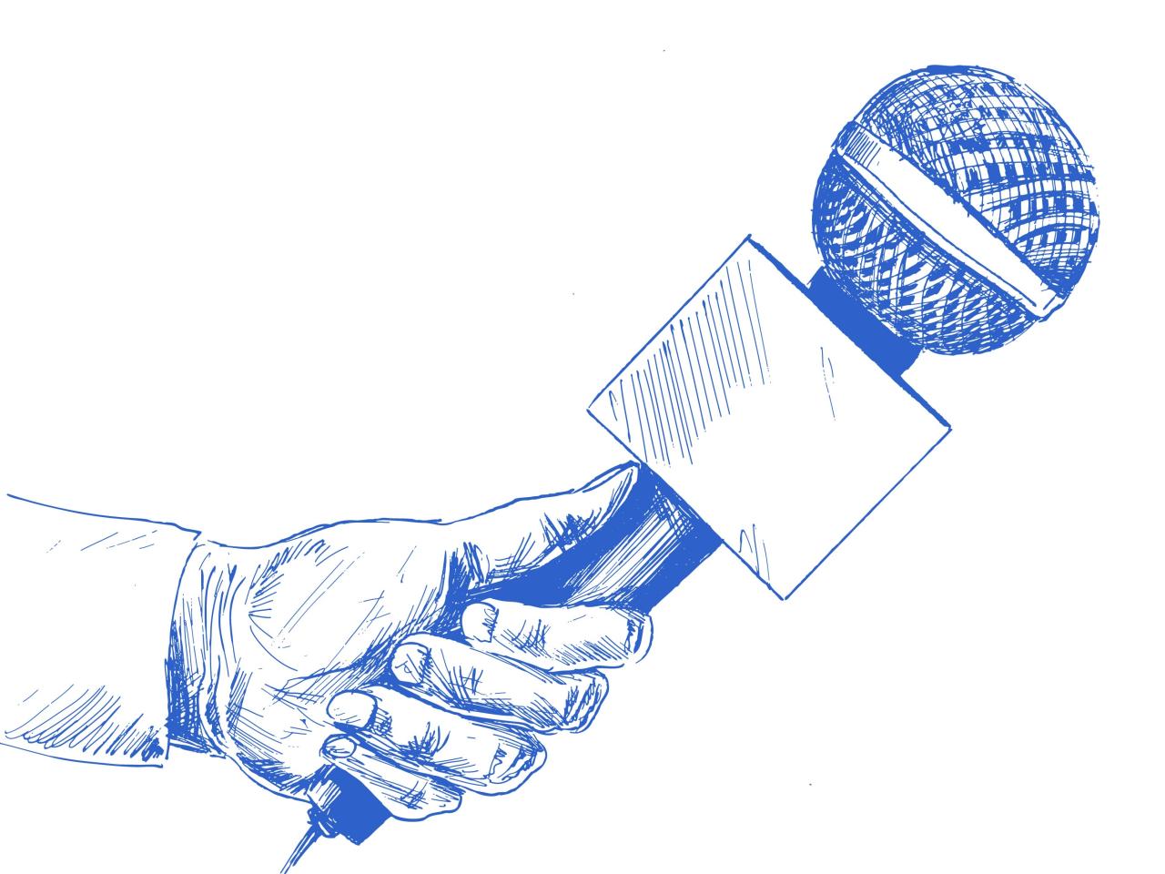 Gezeichnete Skizze einer Hand, die ein Pressemikrofon haelt.