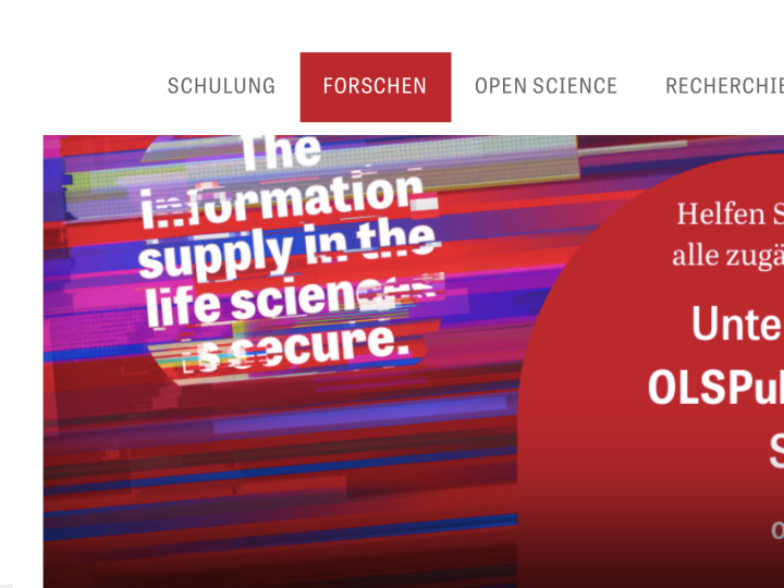 Screenshot der Startseite des Informationszentrums Lebenswissenschaften mit grossem Unterstuetzungsaufruf fuer OLSPub.