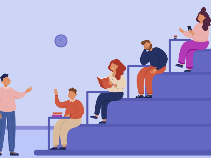 Illustration einer Hoersaalsituation mit Lehrkraft und vier lernenden Personen.