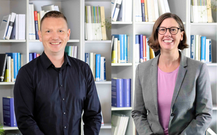 Collage aus den beiden Portraitfotos von Bjoern Moeller und Grit Wuermseer vor einem Buecherregal.