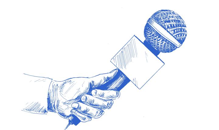 Gezeichnete Skizze einer Hand, die ein Pressemikrofon haelt.