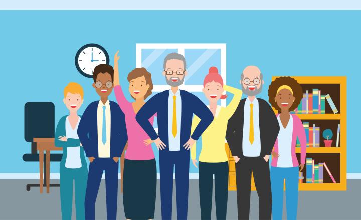 Vektorgrafik einer diversen Gruppe von Lehrerinnen und Lehrer in einem Klassenraum.