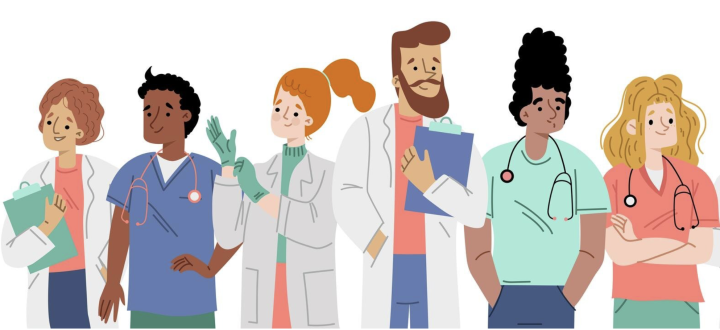 Grafik mit sechs jungen Personen aus dem medizinischen Bereich.