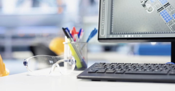 Ausschnitt eines Schreibtischs mit Schutzbrille, Stiftbecher und Computer.