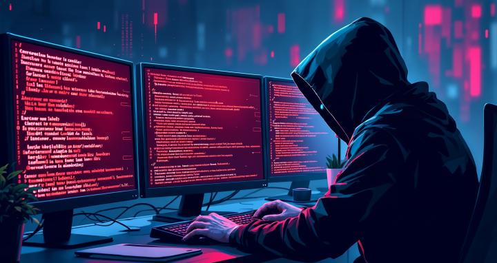 Hacker mit Hoodie vor Bildschirmen mit Code in abgedunkeltem Raum.