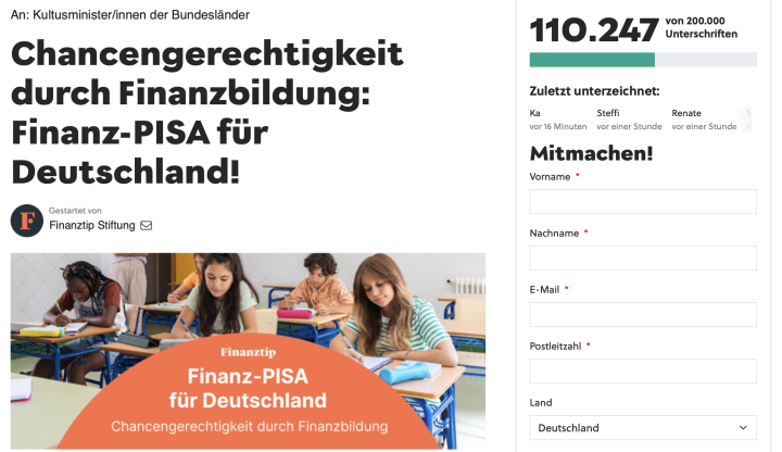 Screenshot der online Petition zur Finanzbildung