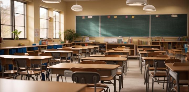 Leeres Klassenzimmer mit Tischreihen, Stuehlen und gruener Tafel.