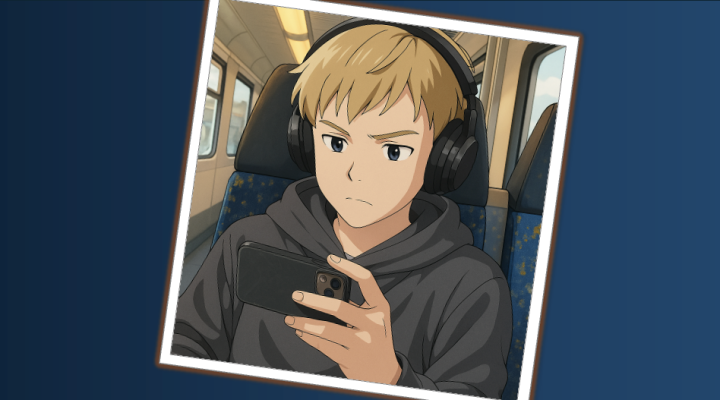 Cartoonbild eines Jugendlichen mit Kopfhoerern und Handy in der Bahn.