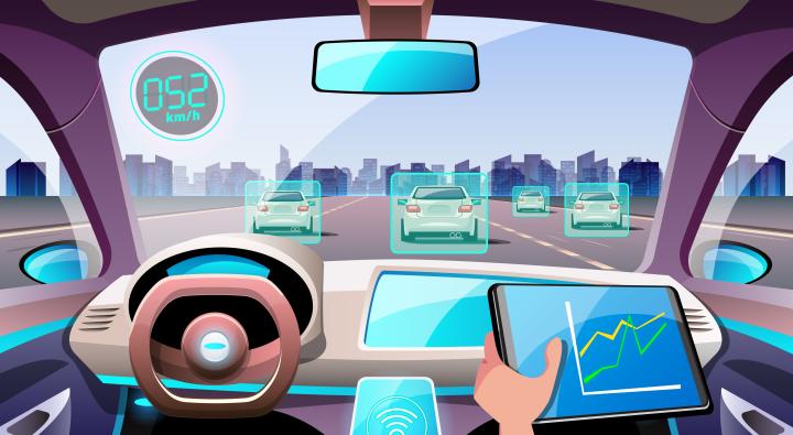 Vectorgrafik Cockpit eines autonom fahrendes Fahrzeugs mit menschlichem Beifahrer.