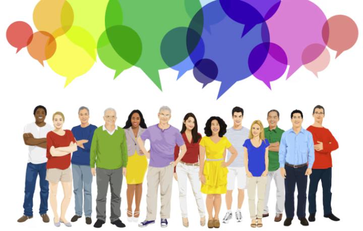 Illustration einer Gruppe von Menschen mit Sprechblasen.