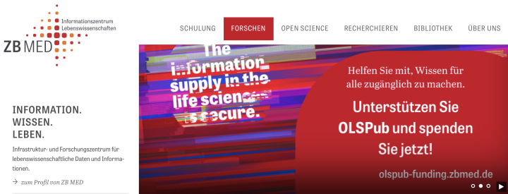 Screenshot der Startseite des Informationszentrums Lebenswissenschaften mit grossem Unterstuetzungsaufruf fuer OLSPub.