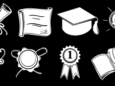 Collage aus verschiedenen Symbolen, die einen erfolgreichen Abschluss darstellen.