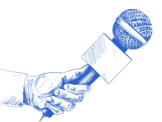 Gezeichnete Skizze einer Hand, die ein Pressemikrofon haelt.