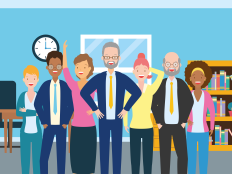 Vektorgrafik einer diversen Gruppe von Lehrerinnen und Lehrer in einem Klassenraum.