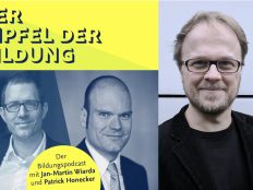 Collage aus dem Cover des Podcasts "Gipfel der Bildung" mit Jan-Martin Wiarda und Patrick Honecker und einem Portraitfoto des Gespraechspartners Joeran Muuss