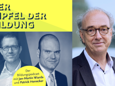 Collage aus dem Cover des Podcasts "Gipfel der Bildung" mit Jan-Martin Wiarda und Patrick Honecker und einem Portraitfoto des Gespraechspartners Johannes Buchholz.