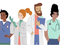 Grafik mit sechs jungen Personen aus dem medizinischen Bereich.