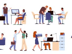 Vektorgrafik zeigt acht verschiedene Szenen im Büro zur Visualisierung von Buerokratie.